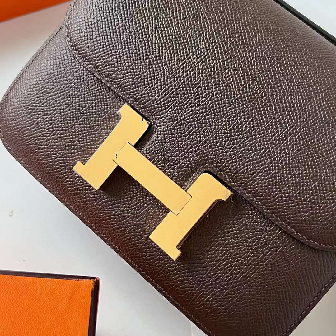 Hermès（爱马仕）Constance 空姐包 Epsom Ck47 巧克力色 金扣 19cm 全手工蜡线缝 ghw
