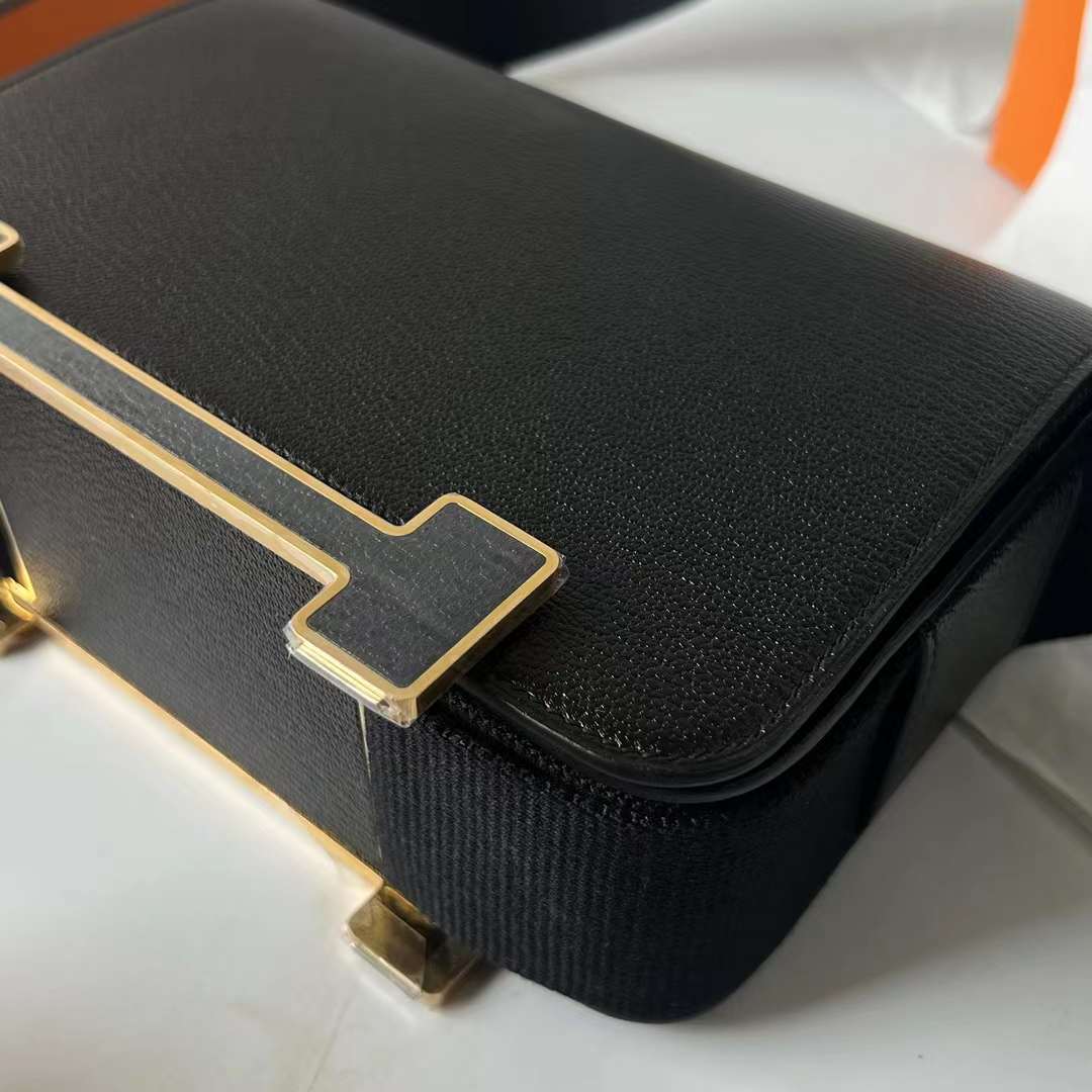 Hermès（爱马仕）Geta 木屐包 Chevre 进口山羊皮 Ck89 黑色 金扣 20cm 全手工蜡线缝 Ghw