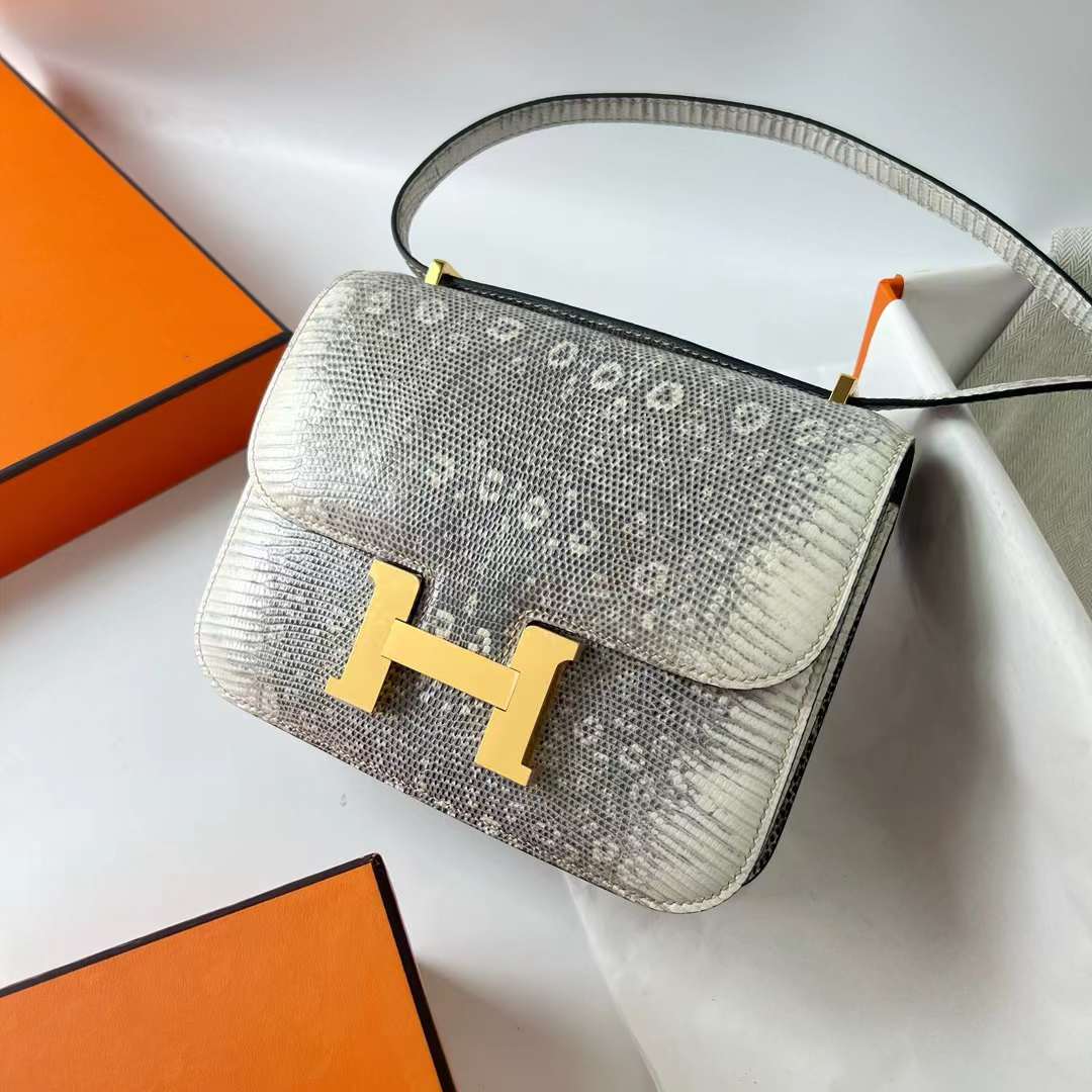 Hermès（爱马仕）Constance 空姐包 Lizard 进口蜥蜴皮 自然色 金扣 19cm 全手工蜡线缝 Ghw