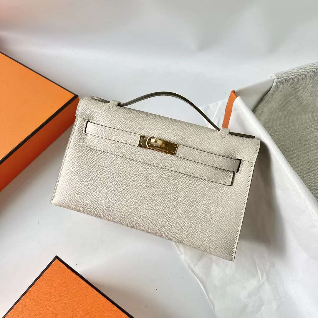 Hermès（爱马仕）Mini Kelly Pochette Epsom Ck10 奶昔白 金扣 22cm 全手工蜡线缝 Ghw