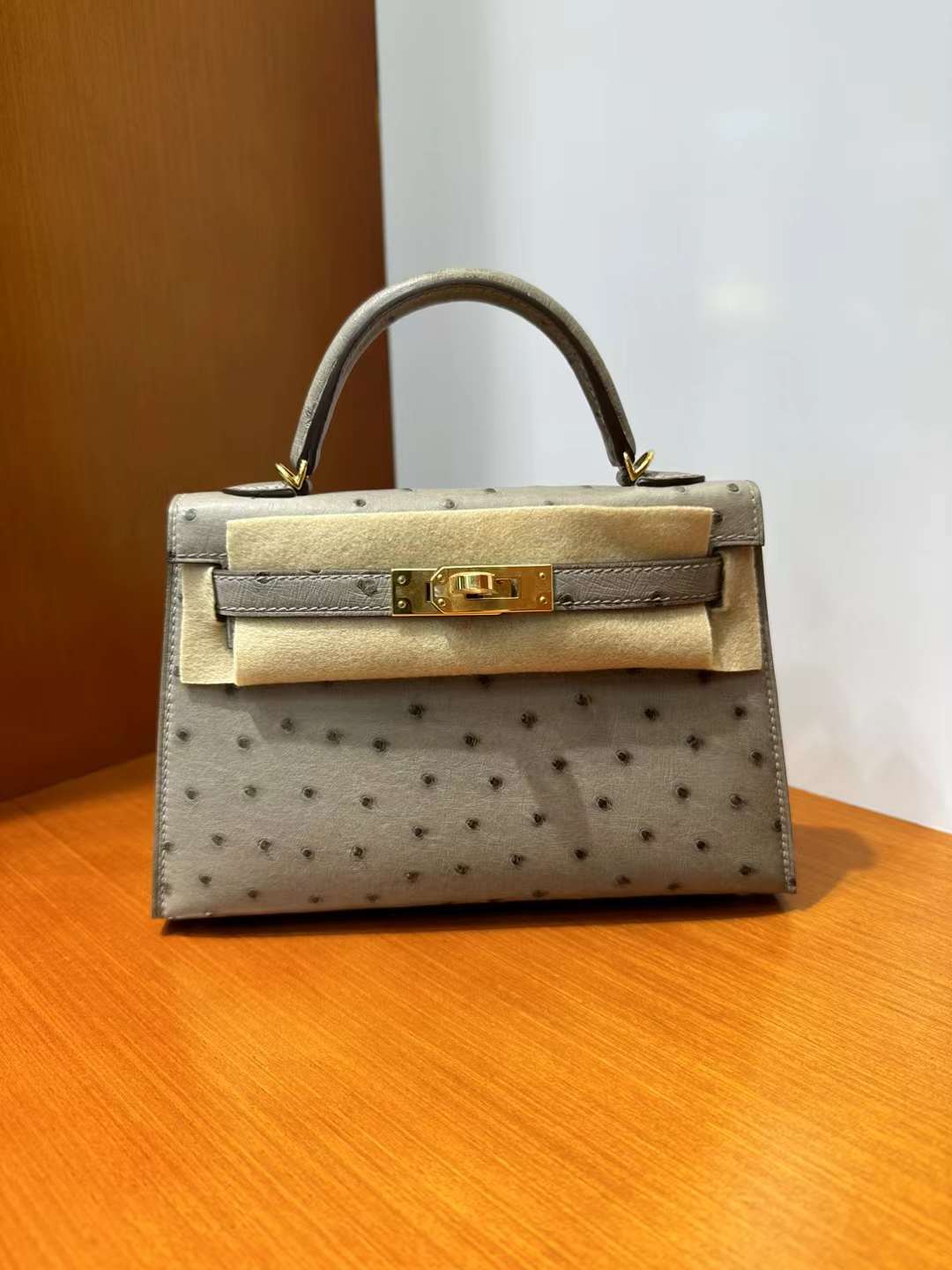 Hermès（爱马仕）Mini Kelly 迷你凯莉 Ostrich 进口kk鸵鸟皮 Ck81 斑鸠灰 金扣 19cm 全手工蜡线缝 Ghw