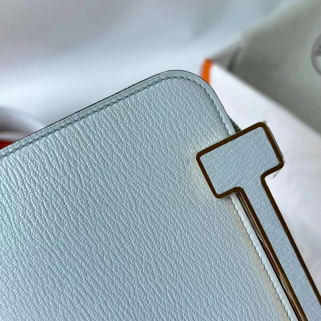 Hermès（爱马仕）Geta 木屐包 Chevre 进口山羊皮 0T 雾蓝色 金扣 20cm 全手工蜡线缝 Ghw