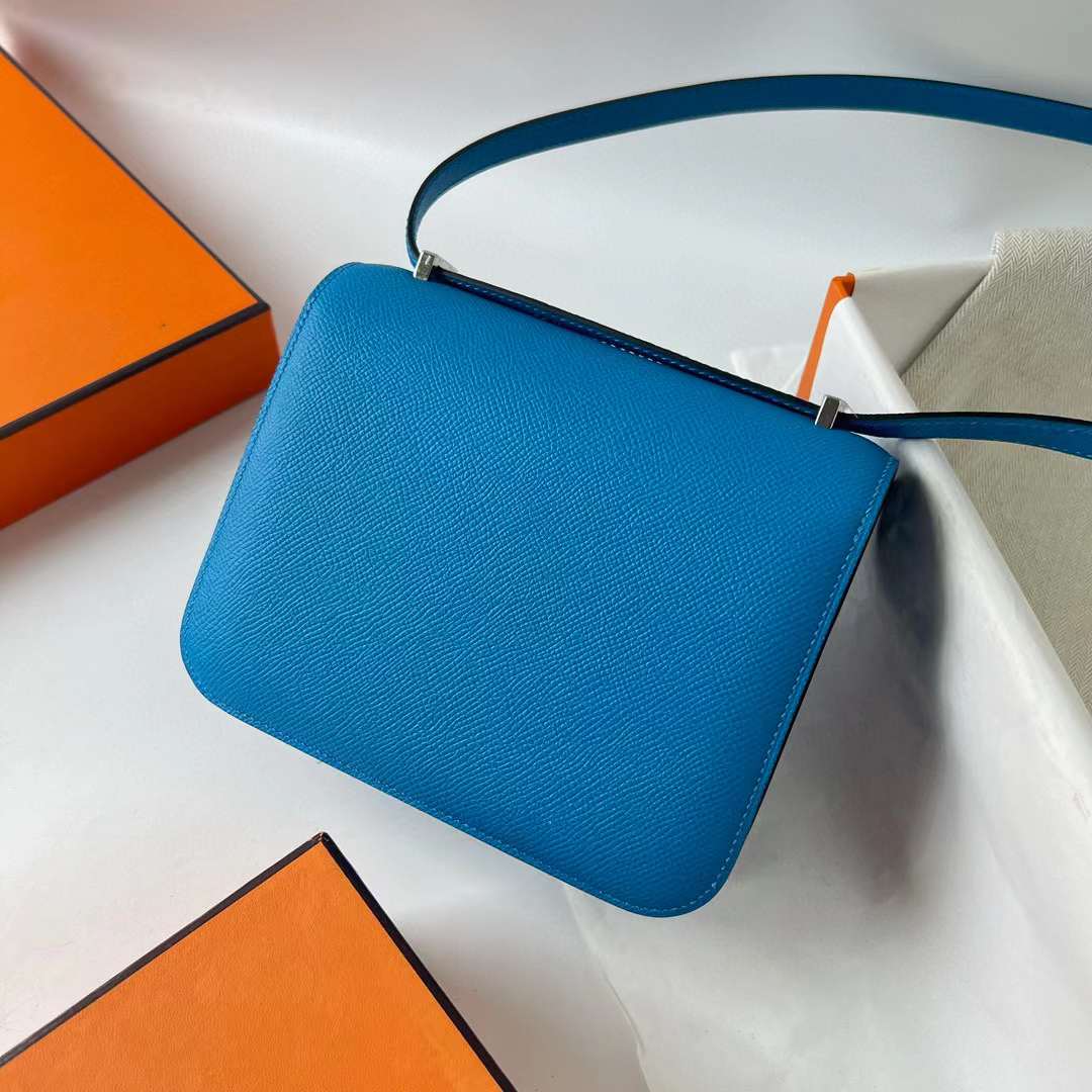 Hermès（爱马仕）Constance 空姐包 Epsom Ck71 法国蓝 蜥蜴鳄鱼扣 19cm 全手工蜡线缝 Phw