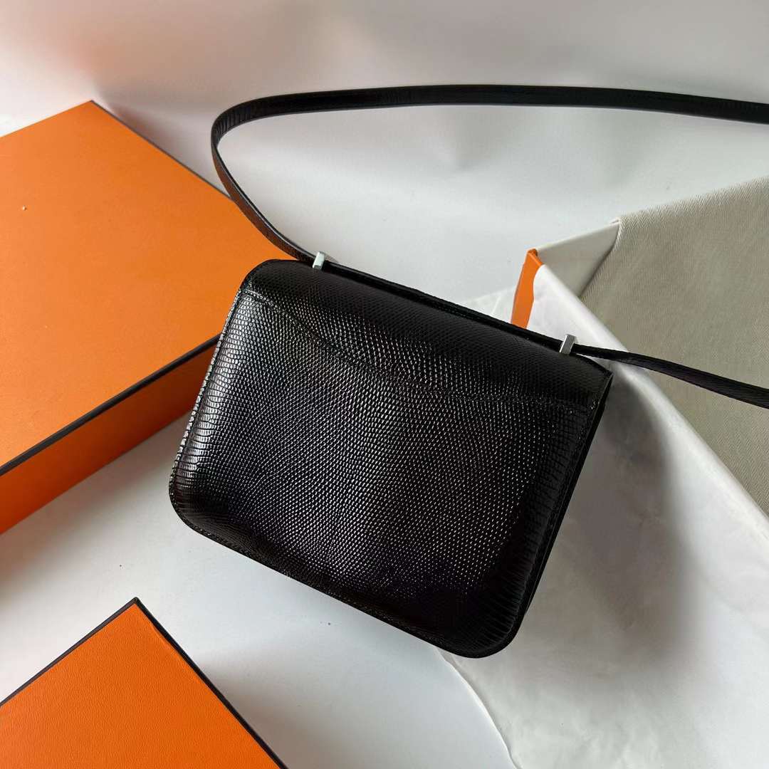 Hermès（爱马仕）Constance 空姐包 Lizard 进口蜥蜴皮 Ck89 黑色 银扣 18cm 全手工蜡线缝 Phw