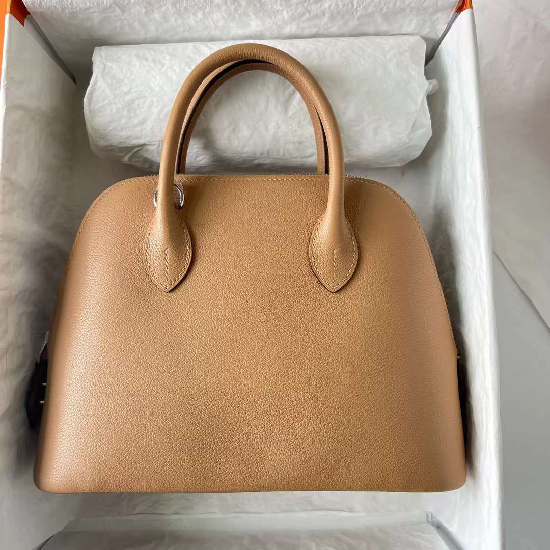 Hermès（爱马仕）Bolide 保龄球包 Evercolor 0M 奶茶色 内拼 X9 锦葵紫 银扣 25cm 全手工蜡线缝 Phw