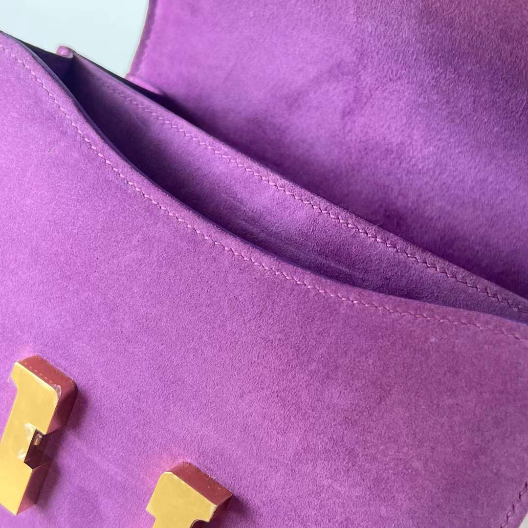 Hermès（爱马仕）Constance 空姐包 麂皮 Suede 紫罗兰 金扣 19cm 全手工蜡线缝 Ghw