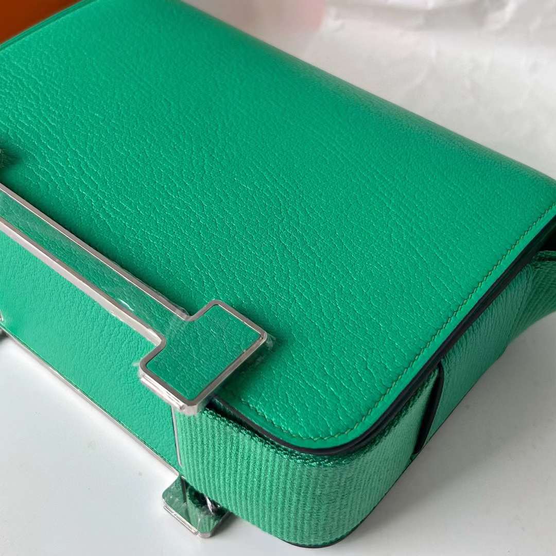 Hermès（爱马仕）Geta 木屐包 Chevre 进口山羊皮 6W 薄荷绿 银扣 20cm 全手工蜡线缝 Phw