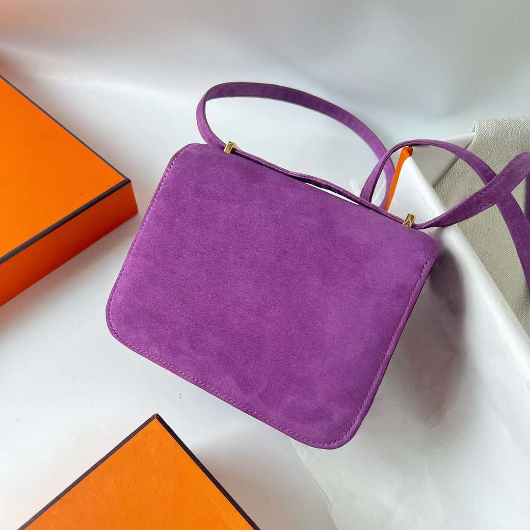 Hermès（爱马仕）Constance 空姐包 麂皮 Suede 紫罗兰 金扣 19cm 全手工蜡线缝 Ghw