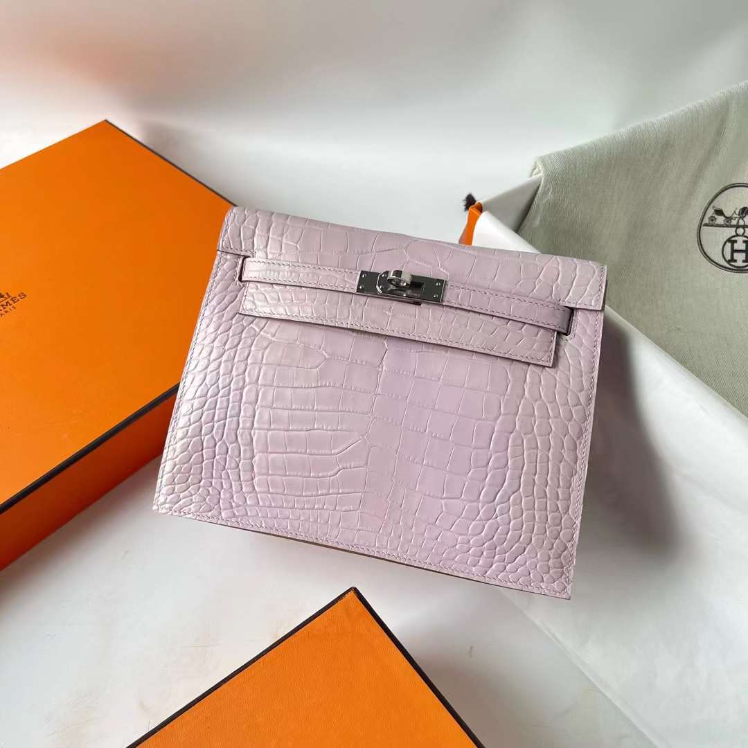 Hermès（爱马仕）Kelly danse 跳舞包 雾面美洲鳄鱼皮 09 梦幻粉紫 银扣 22cm 全手工蜡线缝 Phw
