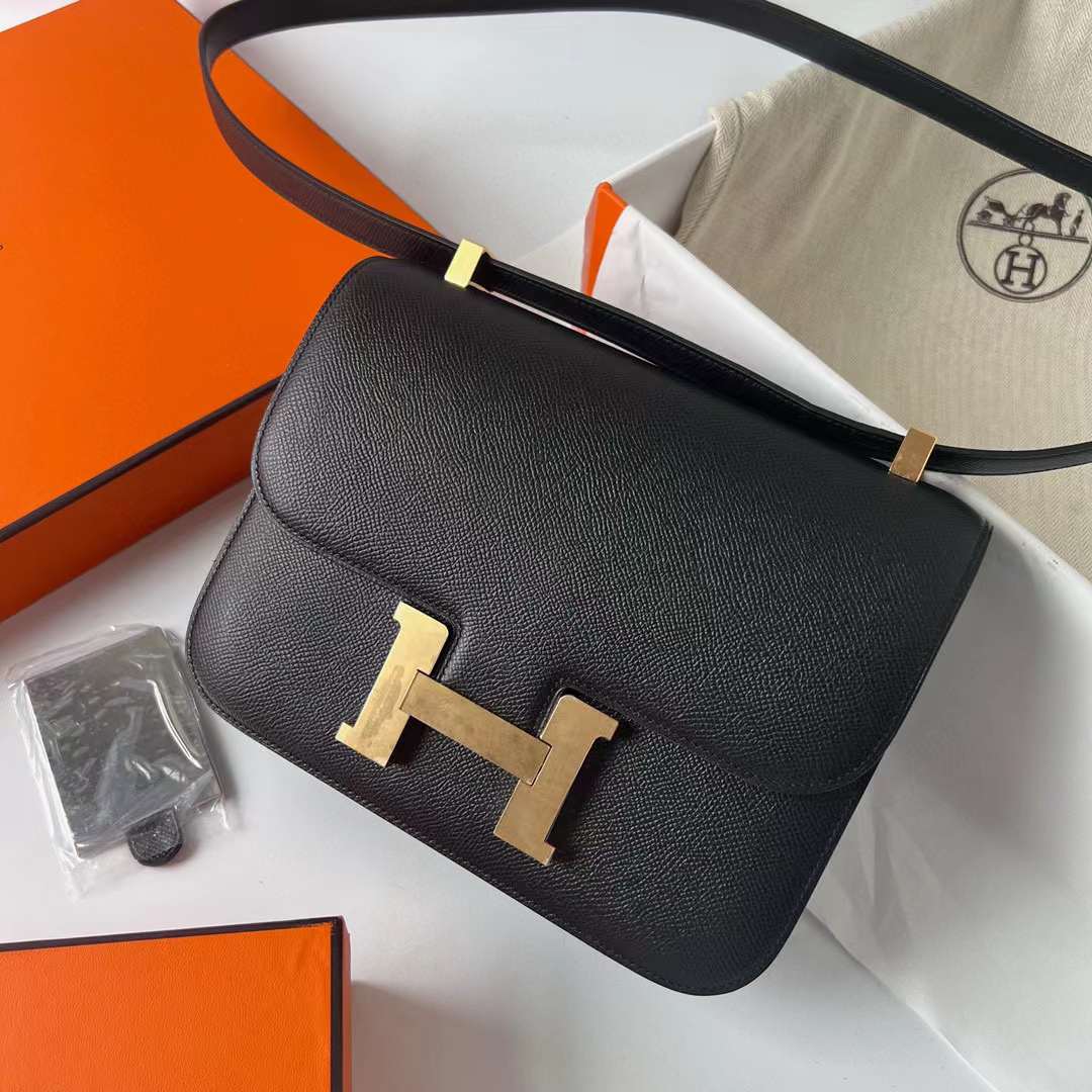 Hermès（爱马仕） Constance 空姐包 1-24cm Epsom Ck89 黑色 金扣 24cm 全手工蜡线缝 Ghw