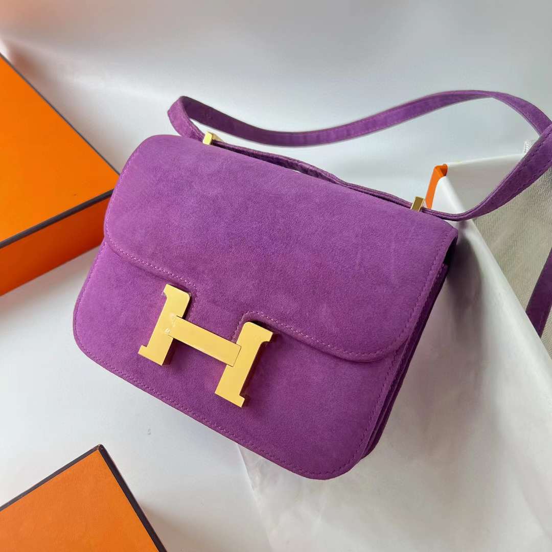 Hermès（爱马仕）Constance 空姐包 麂皮 Suede 紫罗兰 金扣 19cm 全手工蜡线缝 Ghw