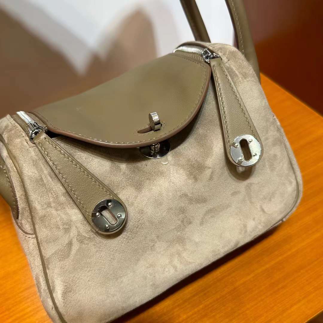 Hermès（爱马仕）Mini Lindy 迷你琳迪包 Suede & Swift 砾石灰 & 大象灰 银扣 19cm 全手工蜡线缝 Phw