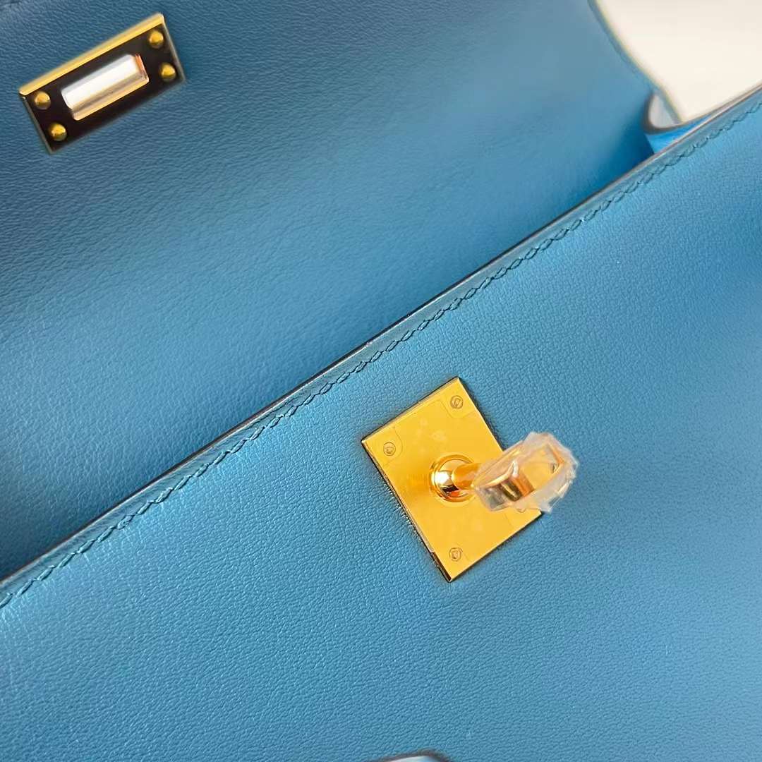 Hermès（爱马仕）Mini Kelly Pochette Swift 7W 伊兹密尔蓝 金扣 22cm 全手工蜡线缝 Ghw