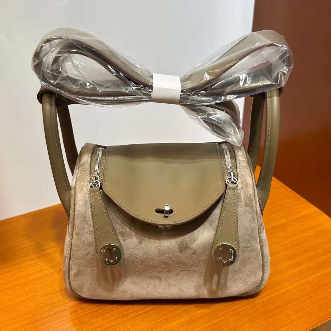 Hermès（爱马仕）Mini Lindy 迷你琳迪包 Suede & Swift 砾石灰 & 大象灰 银扣 19cm 全手工蜡线缝 Phw