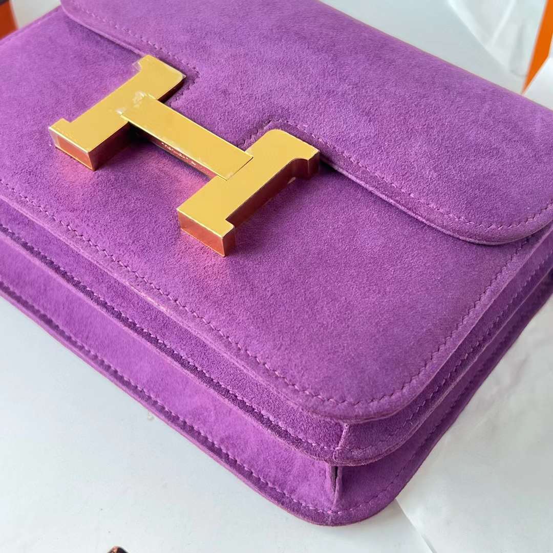 Hermès（爱马仕）Constance 空姐包 麂皮 Suede 紫罗兰 金扣 19cm 全手工蜡线缝 Ghw