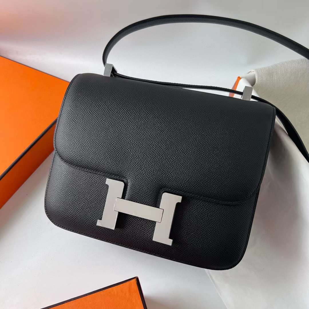 Hermès（爱马仕） Constance 空姐包 Epsom Ck89 黑色 银扣 24cm 全手工蜡线缝 Phw