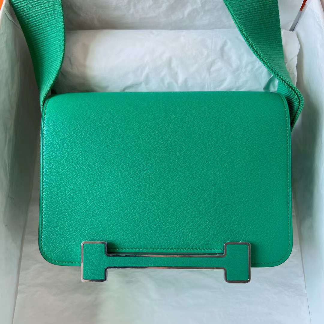 Hermès（爱马仕）Geta 木屐包 Chevre 进口山羊皮 6W 薄荷绿 银扣 20cm 全手工蜡线缝 Phw