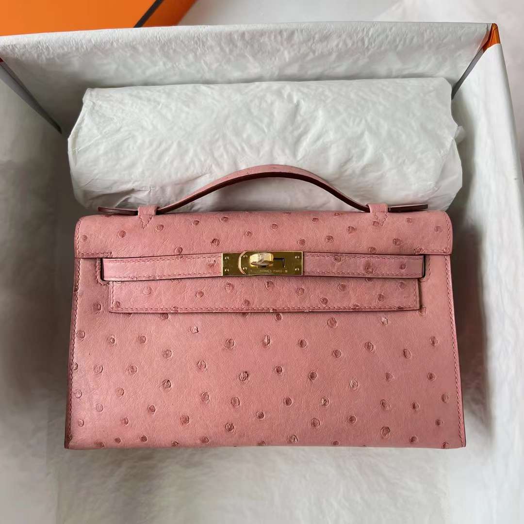 Hermès（爱马仕）Mini Kelly Pochette Ostrich 进口鸵鸟皮 CC94 陶瓷粉 金扣 22cm 全手工蜡线缝 Ghw