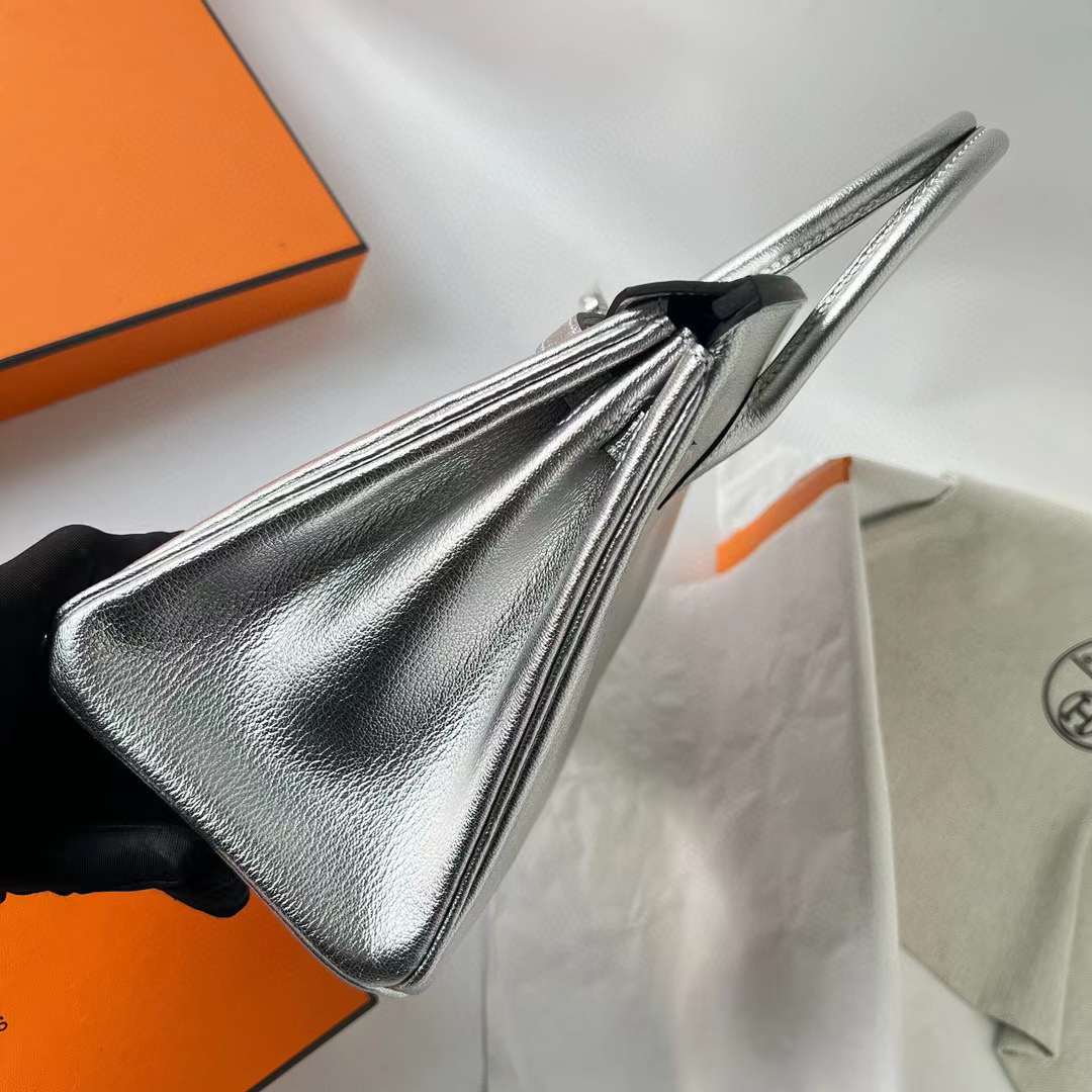 Hermès（爱马仕）Birkin 铂金包 Chevre 进口山羊皮 01 银色 内拼 ck89 黑色 银扣 25cm 全手工蜡线缝 Phw