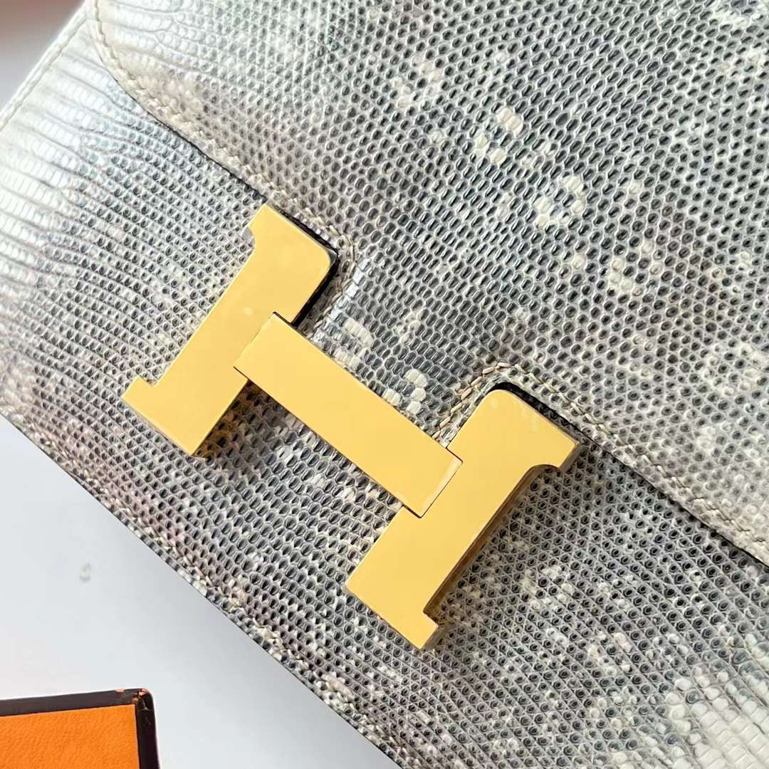 Hermès（爱马仕）Constance 空姐包 Lizard 进口蜥蜴皮 自然色 金扣 19cm 全手工蜡线缝 Ghw