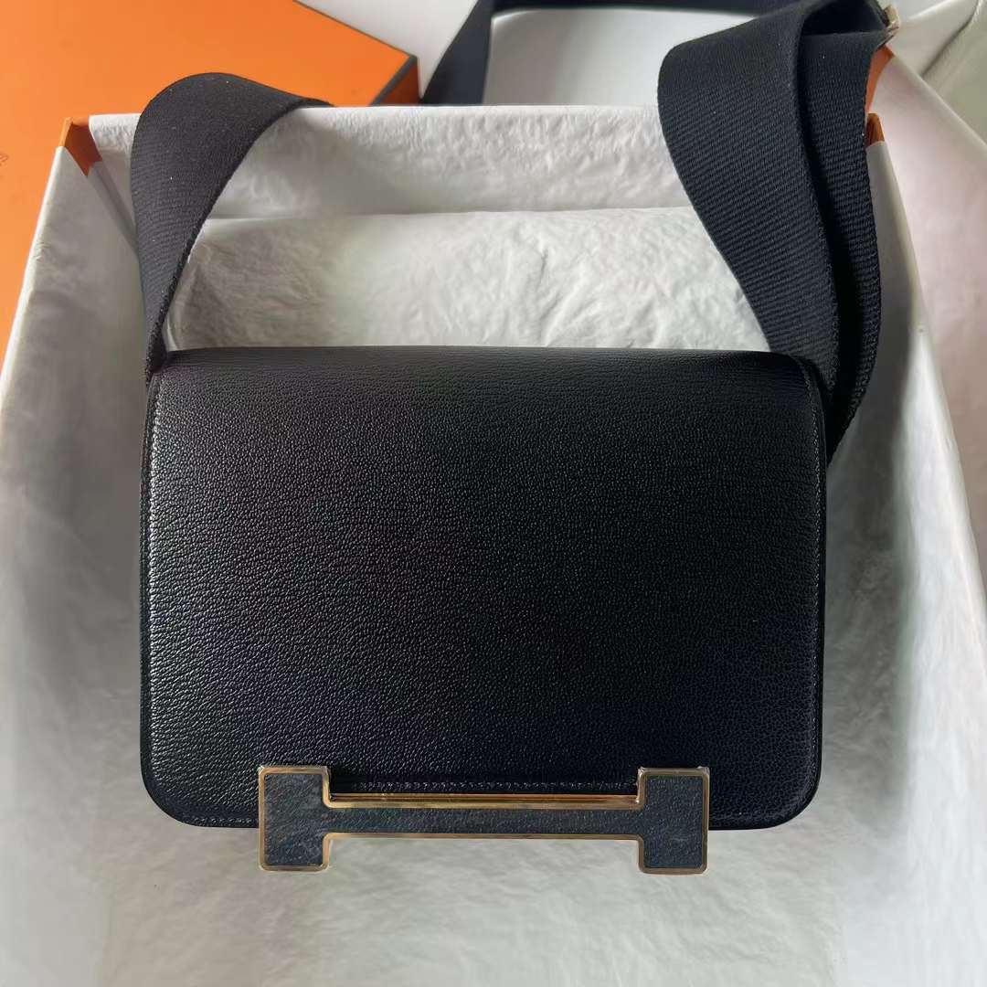 Hermès（爱马仕）Geta 木屐包 Chevre 进口山羊皮 Ck89 黑色 金扣 20cm 全手工蜡线缝 Ghw