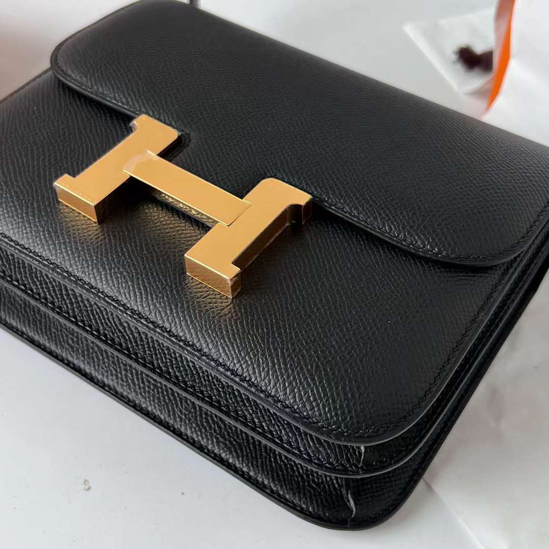 Hermès（爱马仕）Constance 空姐包 Epsom Ck89 黑色 金扣 19cm 全手工蜡线缝 ghw