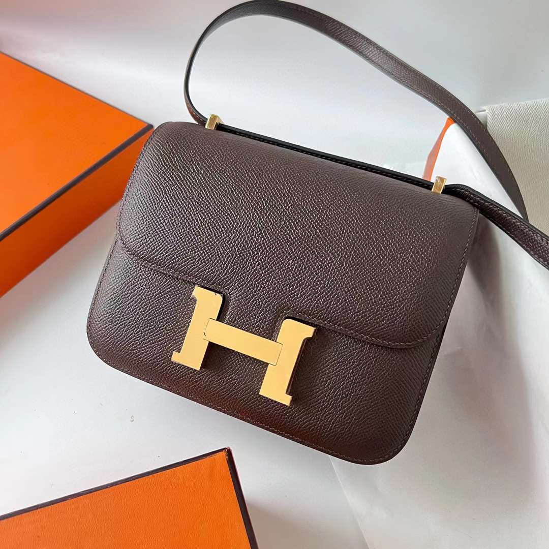 Hermès（爱马仕）Constance 空姐包 Epsom Ck47 巧克力色 金扣 19cm 全手工蜡线缝 ghw