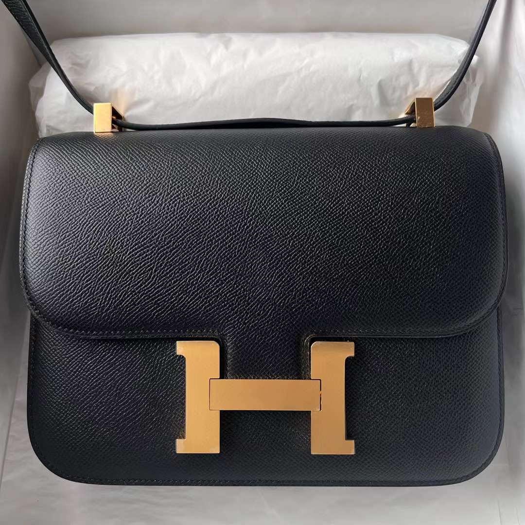 Hermès（爱马仕） Constance 空姐包 1-24cm Epsom Ck89 黑色 金扣 24cm 全手工蜡线缝 Ghw