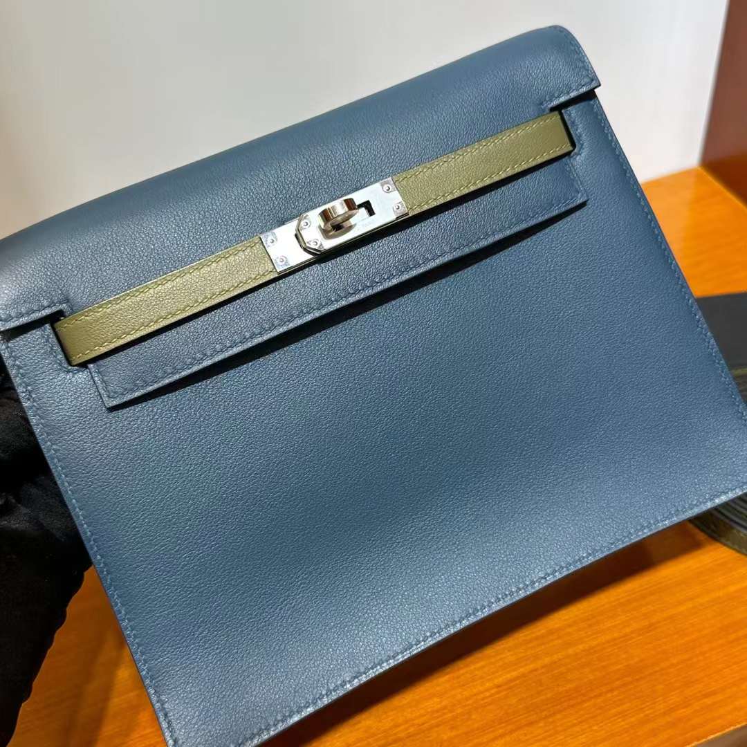Hermès（爱马仕）Kelly danse 跳舞包 Evercolor S4 深邃蓝 & V6 丛林绿 & 8F 锡器灰 银扣 22cm 全手工蜡线缝 Phw
