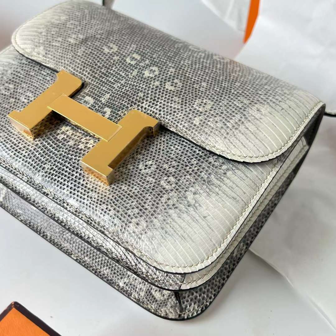 Hermès（爱马仕）Constance 空姐包 Lizard 进口蜥蜴皮 自然色 金扣 19cm 全手工蜡线缝 Ghw