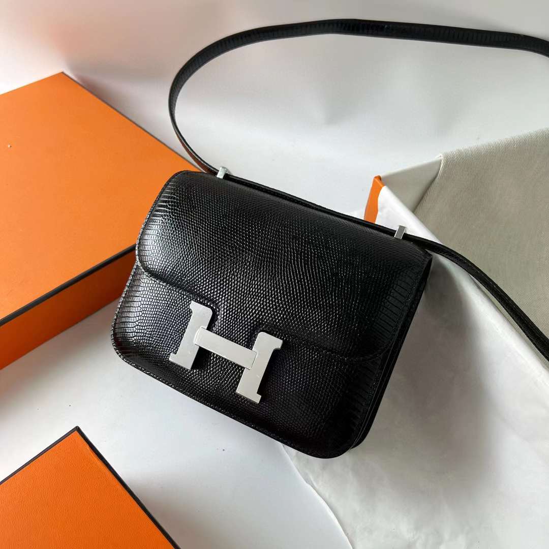 Hermès（爱马仕）Constance 空姐包 Lizard 进口蜥蜴皮 Ck89 黑色 银扣 18cm 全手工蜡线缝 Phw