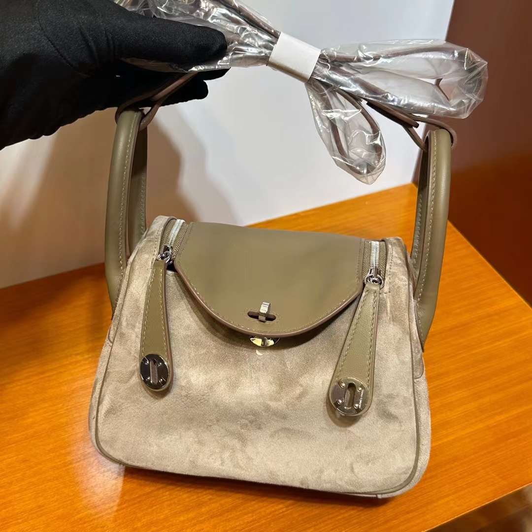 Hermès（爱马仕）Mini Lindy 迷你琳迪包 Suede & Swift 砾石灰 & 大象灰 银扣 19cm 全手工蜡线缝 Phw