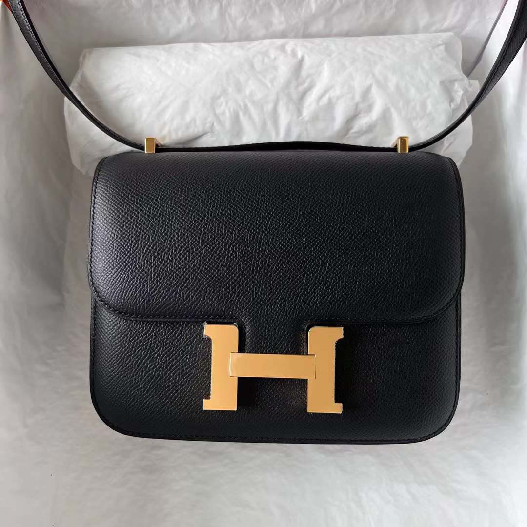 Hermès（爱马仕）Constance 空姐包 Epsom Ck89 黑色 金扣 19cm 全手工蜡线缝 ghw
