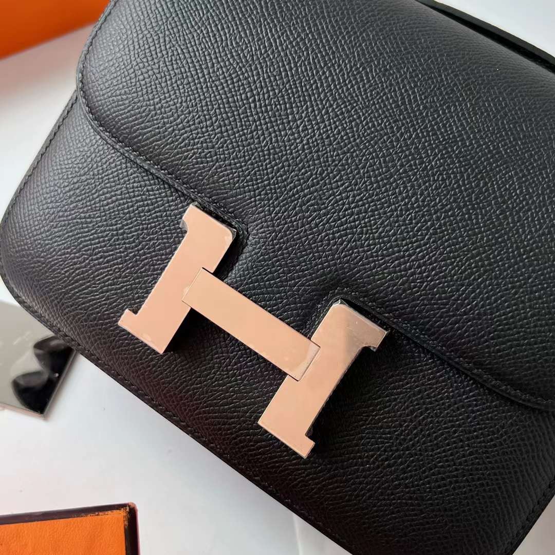 Hermès（爱马仕）Constance 空姐包 1-19 Epsom 镜子款 ck89 黑色 玫瑰金扣 19cm 全手工蜡线缝 RGhw