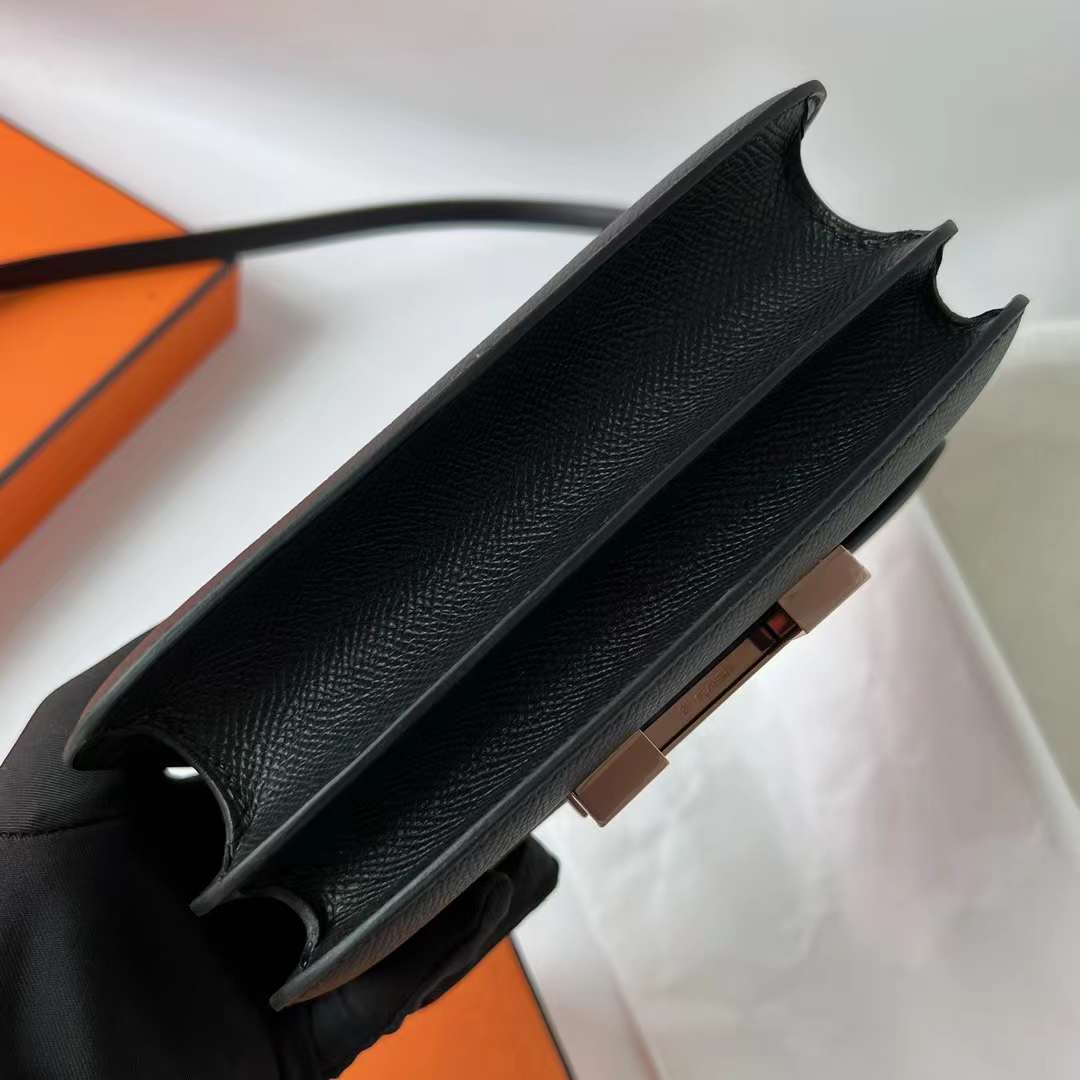 Hermès（爱马仕）Constance 空姐包 1-19 Epsom 镜子款 ck89 黑色 玫瑰金扣 19cm 全手工蜡线缝 RGhw