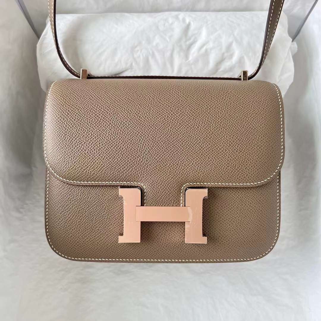 Hermès（爱马仕）Constance 空姐包 1-19 Epsom 镜子款 ck18 大象灰 玫瑰金扣 19cm 全手工蜡线缝 RGhw