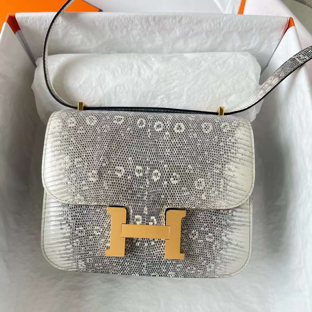 Hermès（爱马仕）Constance 空姐包 Lizard 进口蜥蜴皮 自然色 金扣 19cm 全手工蜡线缝 Ghw