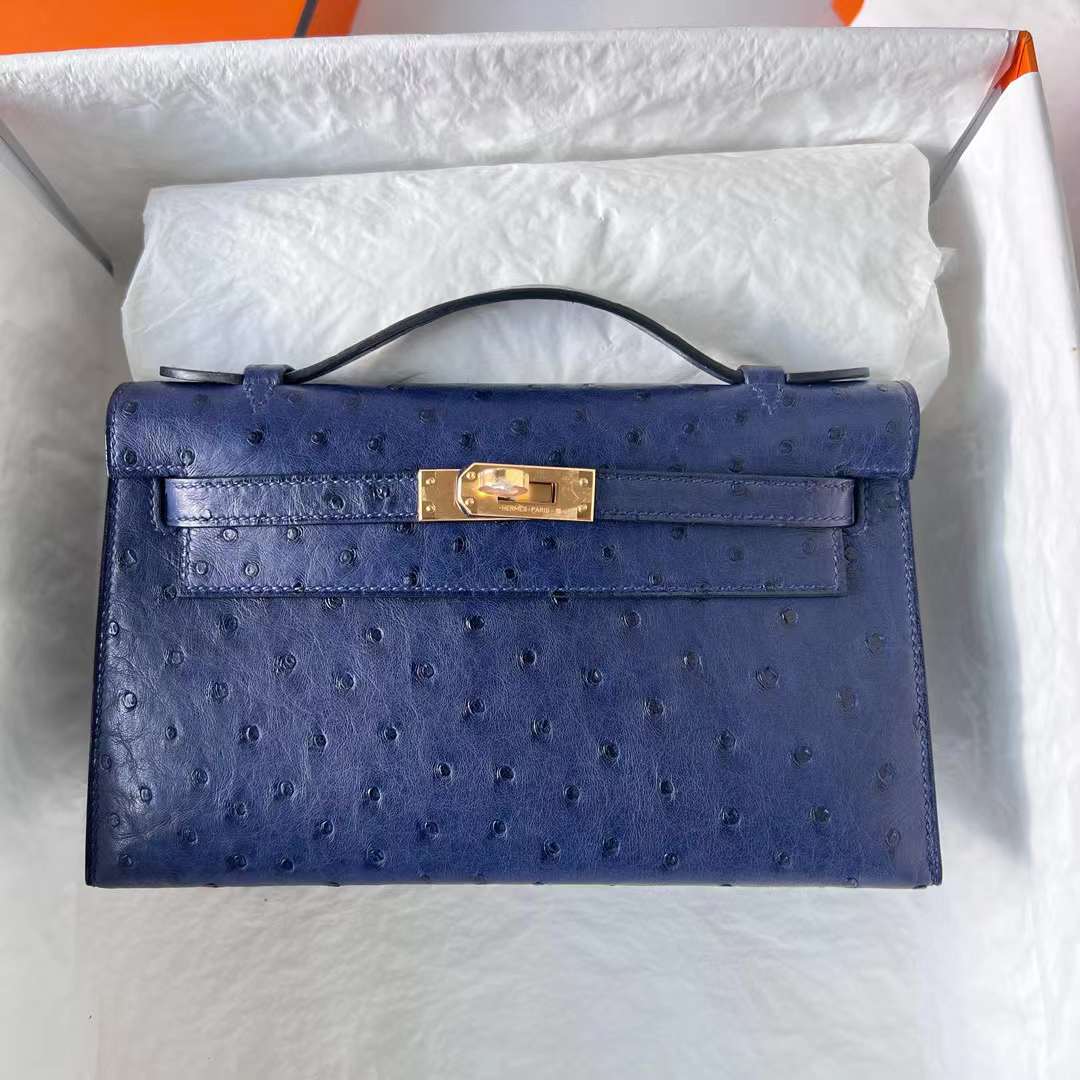 Hermès（爱马仕）Mini Kelly Pochette Ostrich 进口鸵鸟皮 7L 马耳他蓝 金扣 22cm 全手工蜡线缝 Ghw
