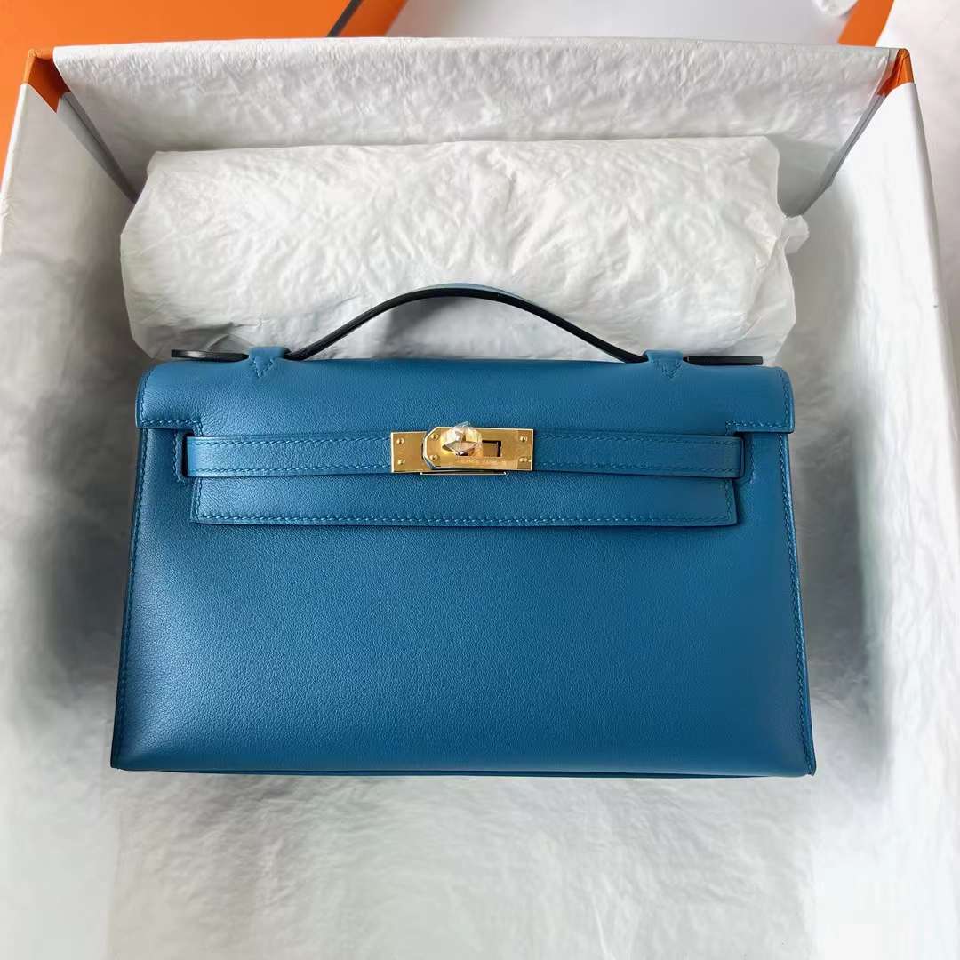 Hermès（爱马仕）Mini Kelly Pochette Swift 7W 伊兹密尔蓝 金扣 22cm 全手工蜡线缝 Ghw