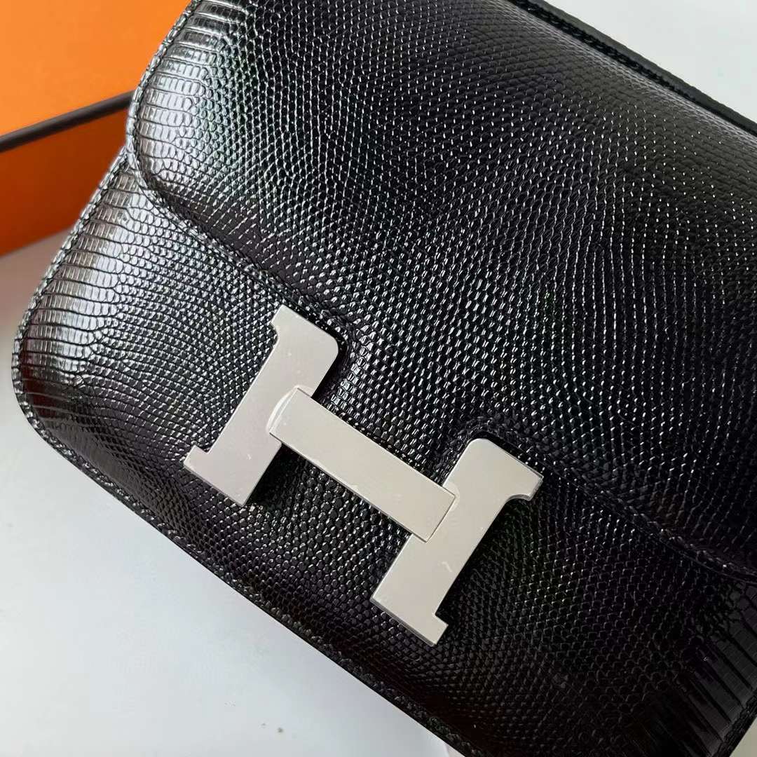 Hermès（爱马仕）Constance 空姐包 Lizard 进口蜥蜴皮 Ck89 黑色 银扣 18cm 全手工蜡线缝 Phw